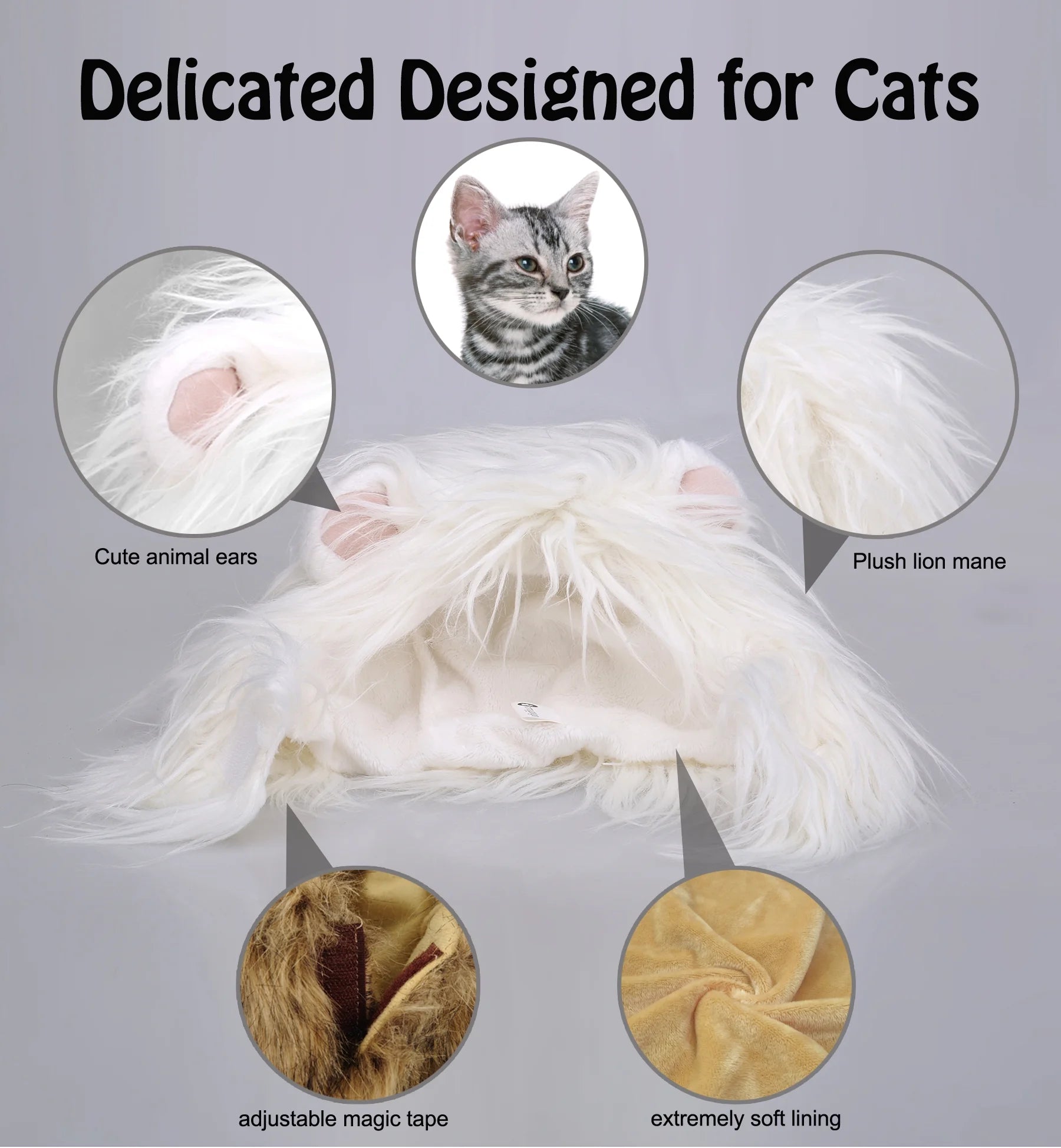 Lion Mane Wig for Cats, Funny Pet Cat Costumes for Halloween Christmas, Furry Pet Clothing Accessories (Size S, White)