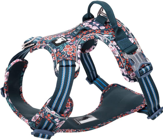 No Pull Dog Harness Reflective Dog Vest Harness with Handle Front Clip Neoprene Padded Dog Harness for Puppy Small Medium Large Dogs 3 Buckles Easy to Put on & Take off Floral Blue XS