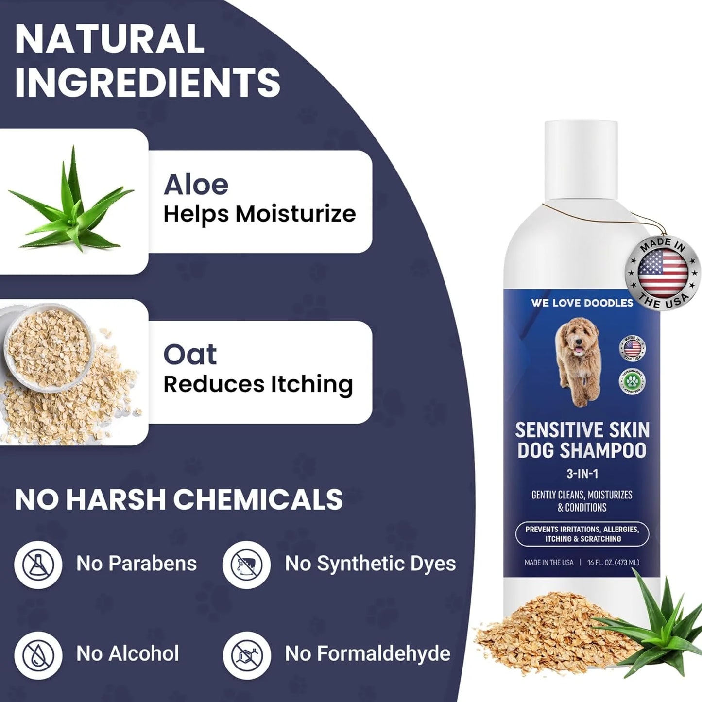 Premium 3-In-1 Sensitive Skin Dog Shampoo, Great for Allergies, Itching, Scratching, Anti-Itch with Oatmeal & Aloe, Made in USA, Itchy Coat Relief, Clean Ingredients, 16 Oz []