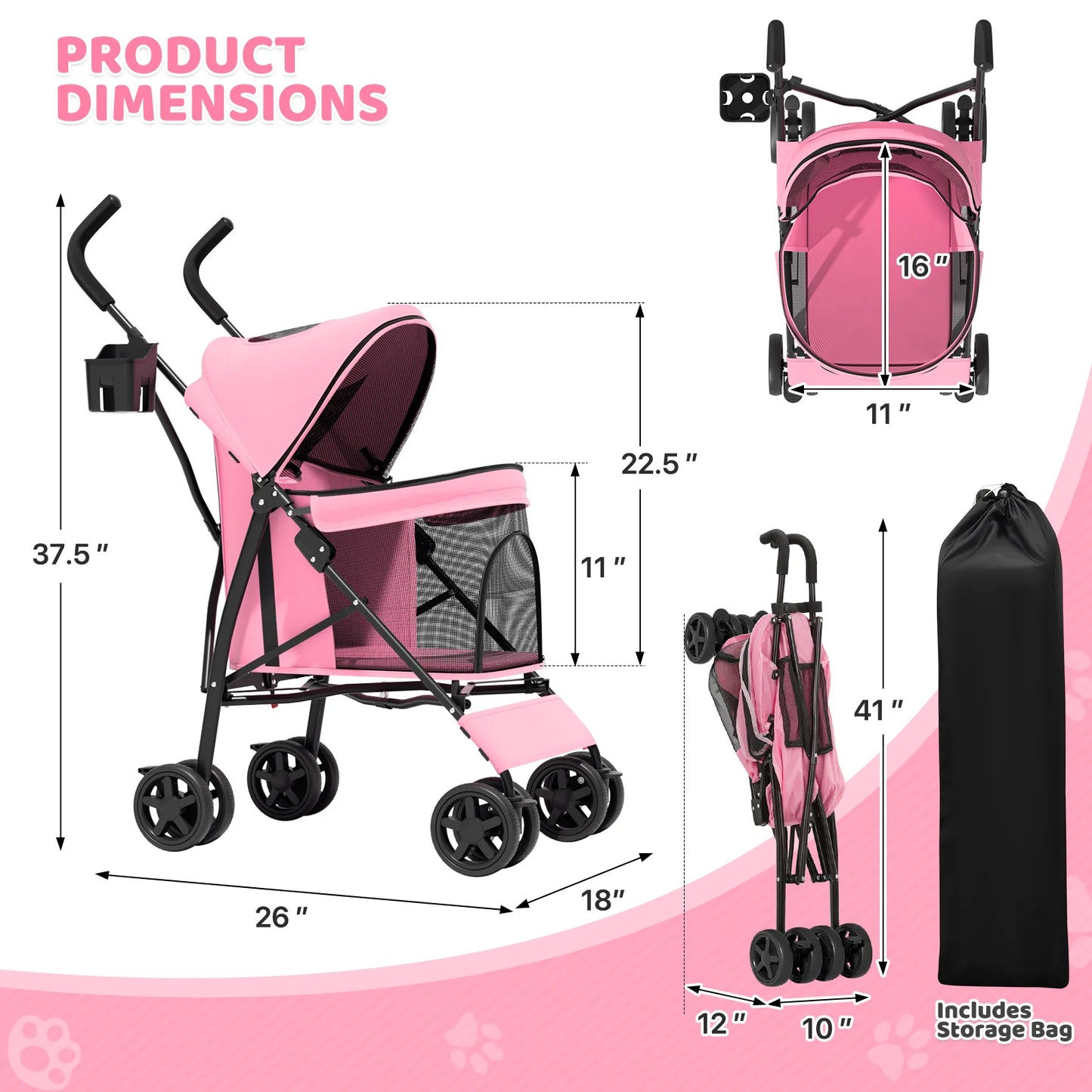 4 Wheel Foldable Lightweight Dog Stroller for Small Medium Dogs, Pet Stroller, (Pink)