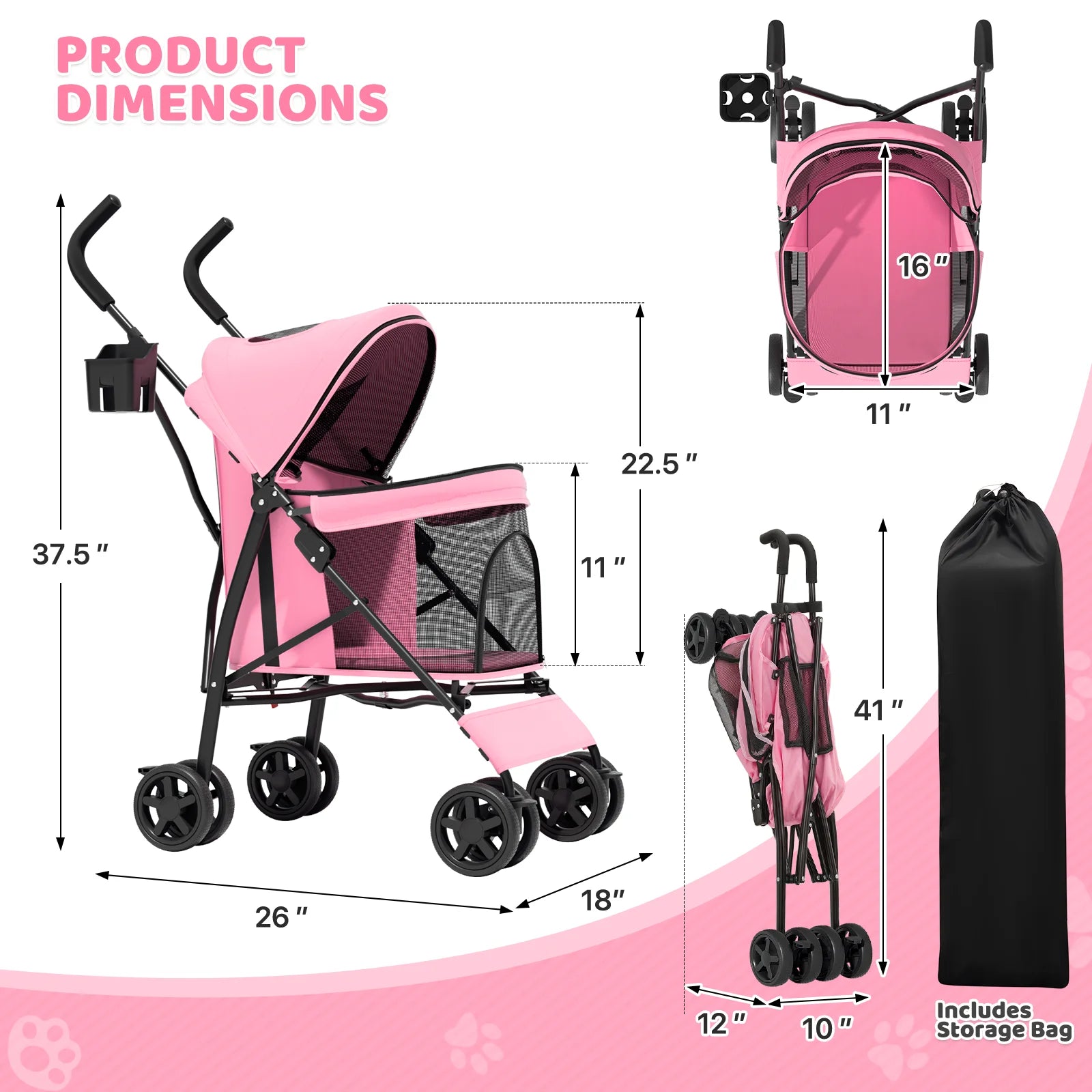 4 Wheel Foldable Lightweight Dog Stroller for Small Medium Dogs, Pet Stroller, (Pink)