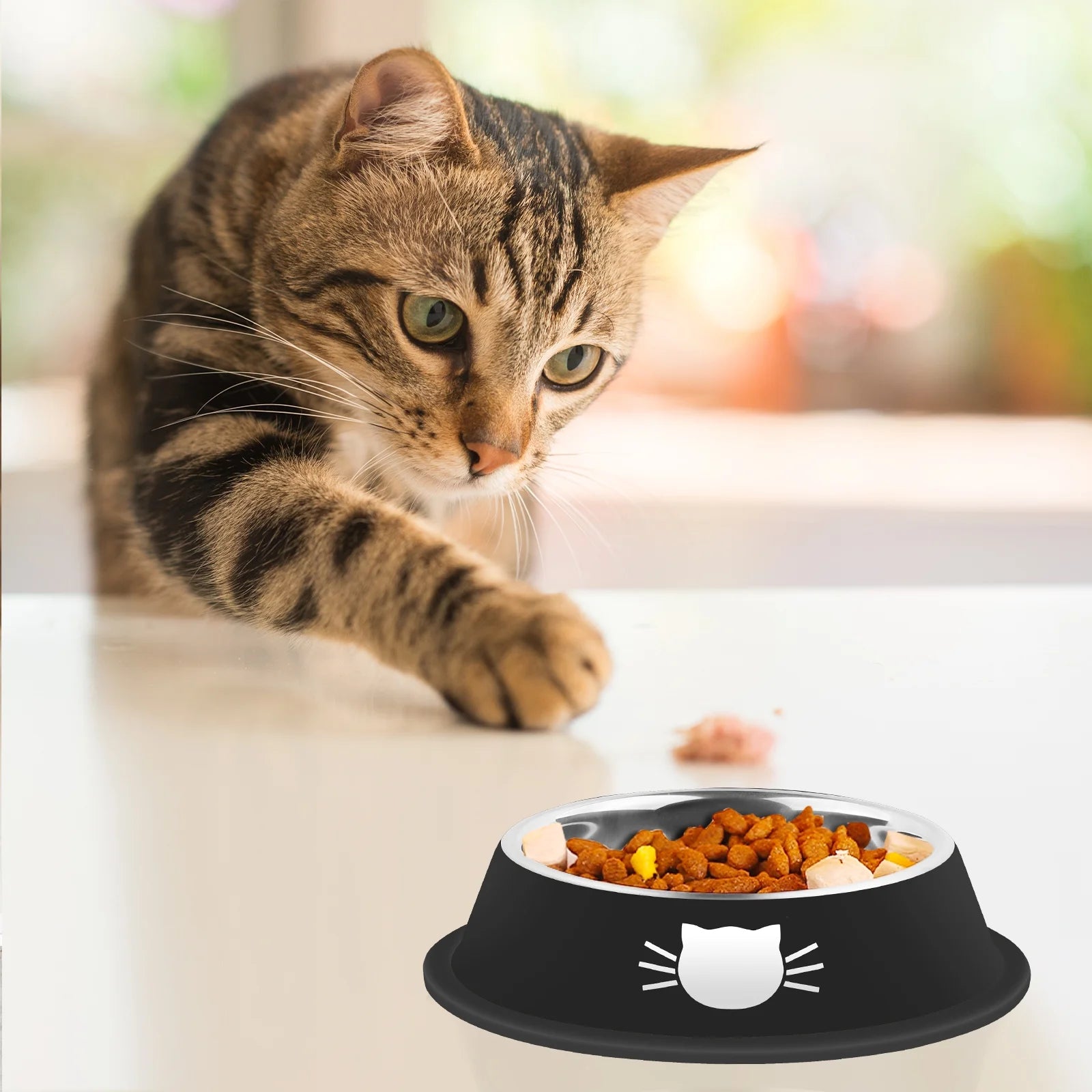 3Pcs Cat Bowls Non-Slip Stainless Steel Small Cat Food Bowls Unbreakable Thicken Cat Feeder 13 Oz Cat Dishes Suitable for Indoor Small Pets Removable Rubber Base Easily Clean Lovely Color
