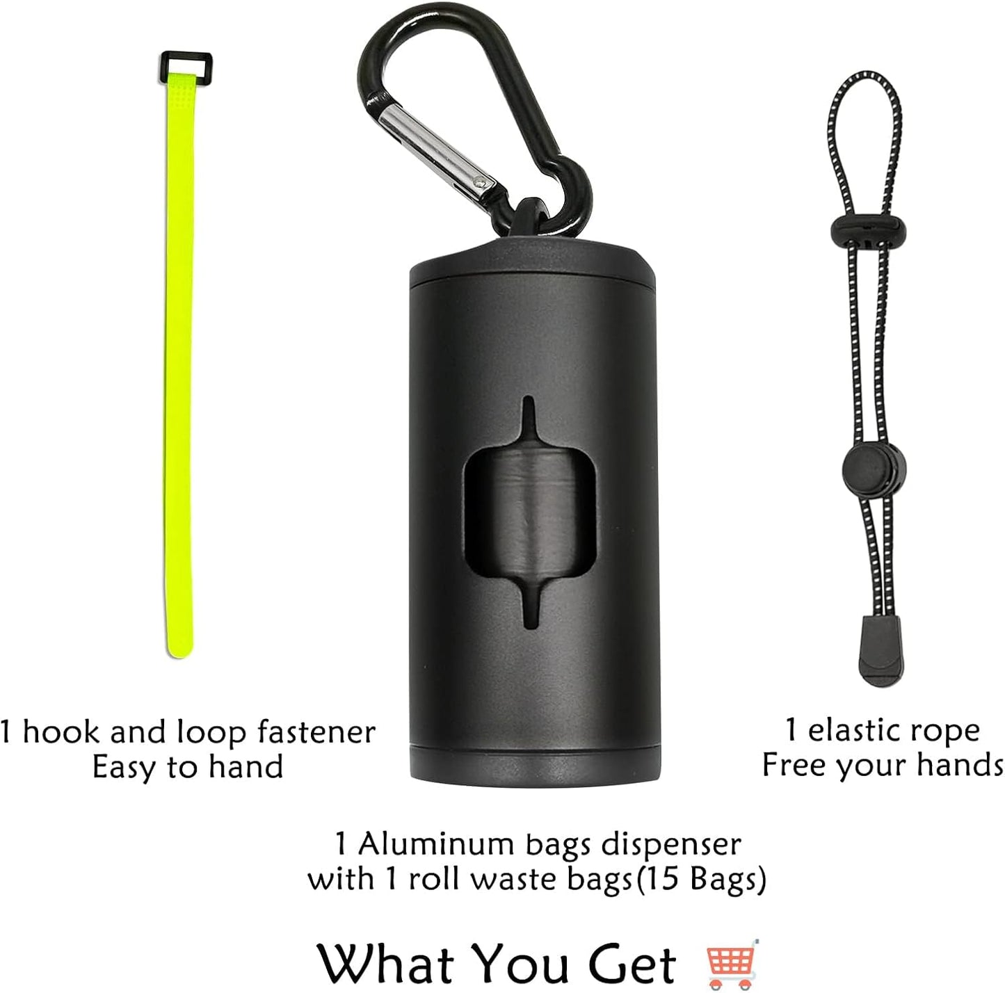 Aluminum Dog Poop Bags Holder with Carabiner Metal Pet Waste Bags Dispenser with Hook and Loop Fastener and Elastic Cord to Carry Used Bags (Black, 1 Holder 15 Bags)