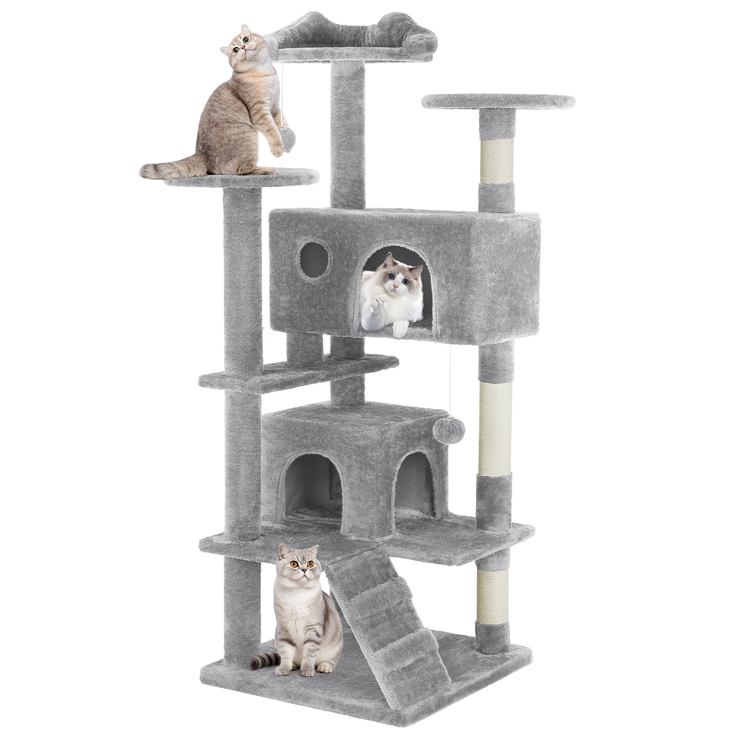 54" Cat Tree Tower Multi-Level with Scratching Post, Large Condo for Indoor, Light Gray