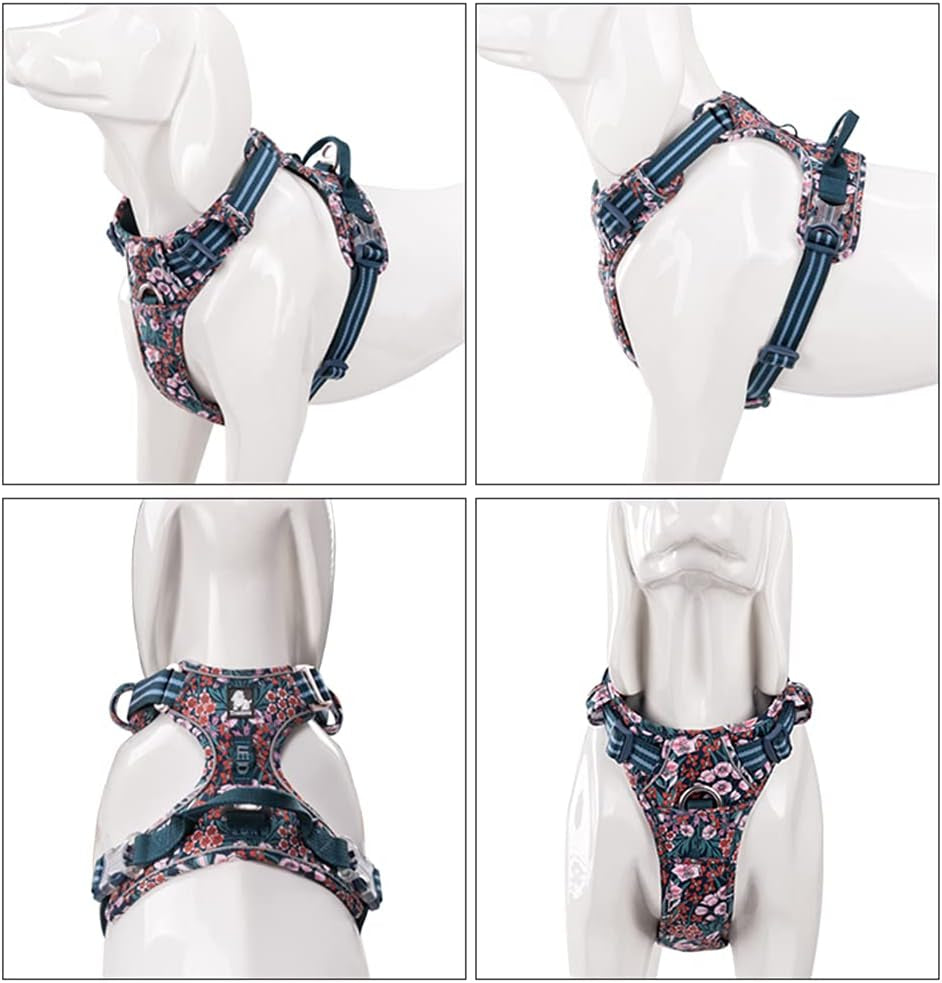 No Pull Dog Harness Reflective Dog Vest Harness with Handle Front Clip Neoprene Padded Dog Harness for Puppy Small Medium Large Dogs 3 Buckles Easy to Put on & Take off Floral Blue XS