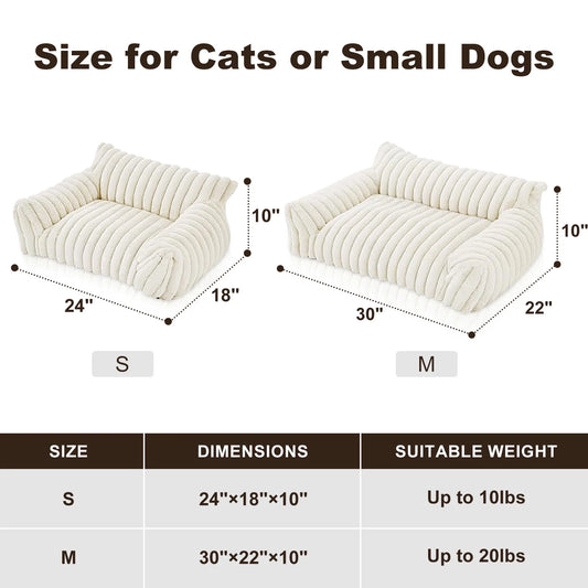 Cute Cat Bed for Indoor Cats, Couch Bed with Removable Washable,Premium Soft Corduroy Fleece Pet Bed for Small Dog & Cat,Milk White