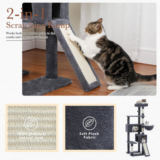 61" Modern Cat Tree Large Cat Tower with Ladder and Dual Condos Indoor Dark Gray