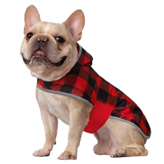 Reversible Dog Raincoat Hooded Slicker Poncho Rain Coat Jacket for Small Medium Large Dogs Buffalo Plaid / Red S