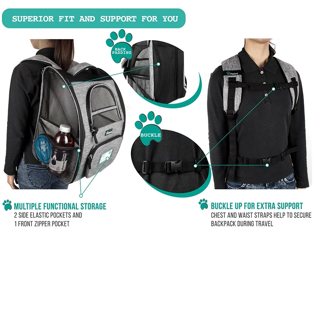Dog Backpack Carrier for Small Large Cat, Pet, Puppies, Ventilated Pet Hiking Backpack Travel Bag, Airline Approved Cat Backpack Carrier, Safety Back Support, Camping Biking Dog Bag, Grey
