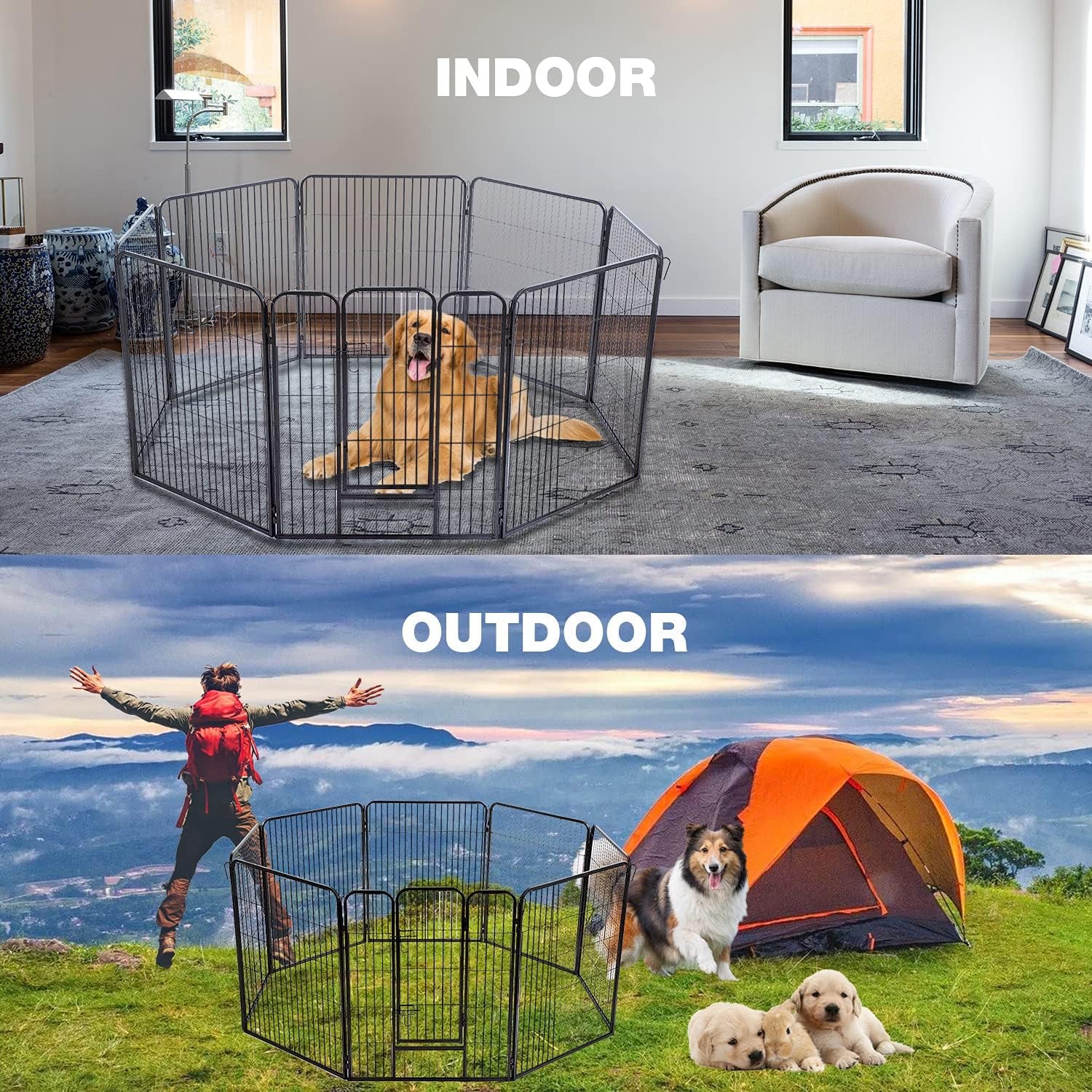 Dog Playpen,Metal Dog Kennel 24/32/40 Inch Dog Fence Exercise Pen Foldable 8 Panels with Double Latches for Indoor Outdoor (32Inch) Black HY3232-BLACK