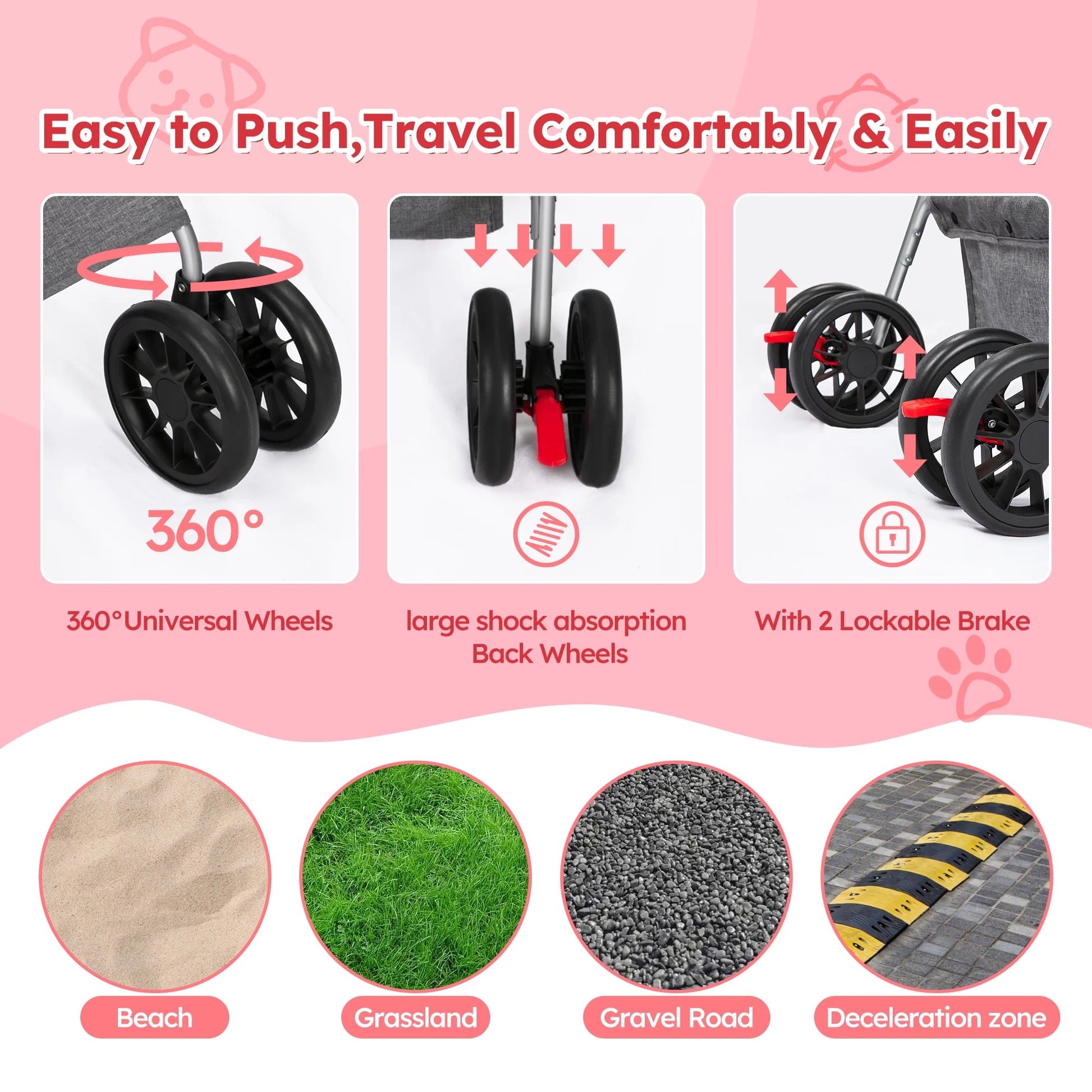 4 Wheels Foldable Pet Stroller 3 in 1 with Waterproof Detachable Pets Travel Carrier for Small/Medium Dogs Cats up to 60Lbs, Pink