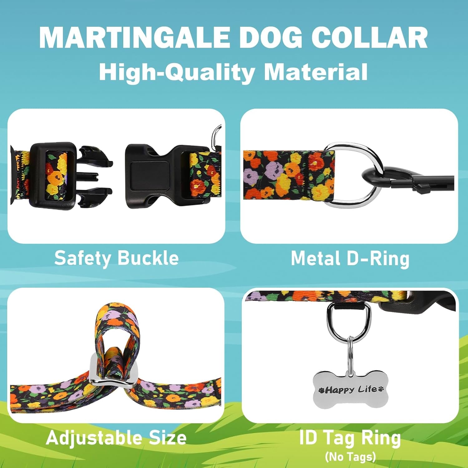 Martingale Collar for Dogs with Buckle Adjustable Nylon Limited Slip Training Dog Collars (Orange Floral, Medium)
