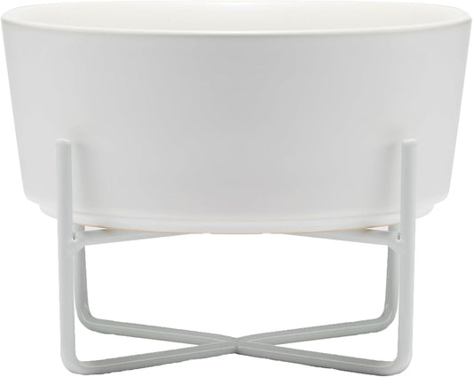 Simple Solid Dog Bowl and Dog Bowl Stand - Single Iron Stand with Single Ceramic Feeder or Water Bowl (Medium, Matte White)