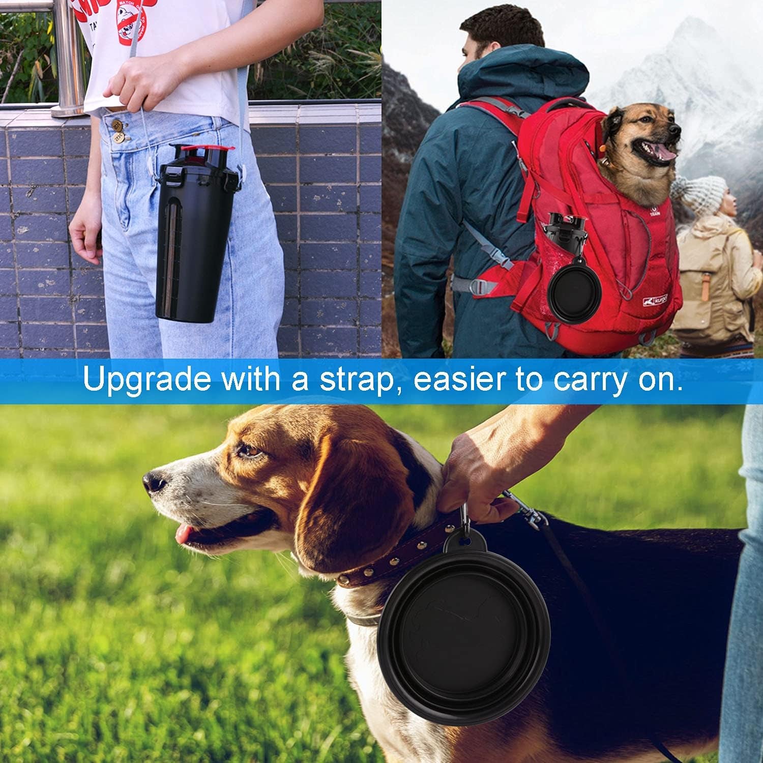 Dog Travel Water Bottle Collapsible Bowls, 2 in 1 Pet Food Container with Collapse Bowls, Outdoor Portable Water Bowls for Walking, Traveling, Camping and Hiking (Black)