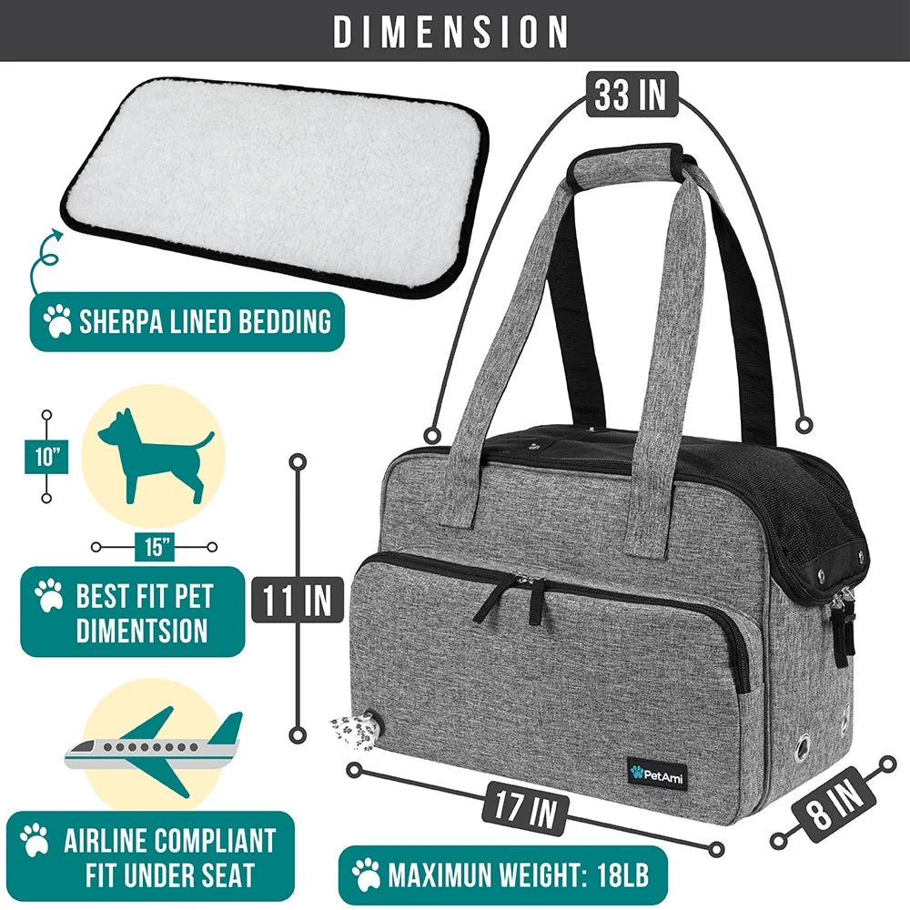 Small Dog Purse Carrier, Soft-Sided Pet Carrier Bag with Pockets, Portable Medium Dog Puppy Large Cat Travel Handbag Tote, Airline Approved Breathable Mesh, Poop Bag Dispenser, Sherpa Bed, Gray