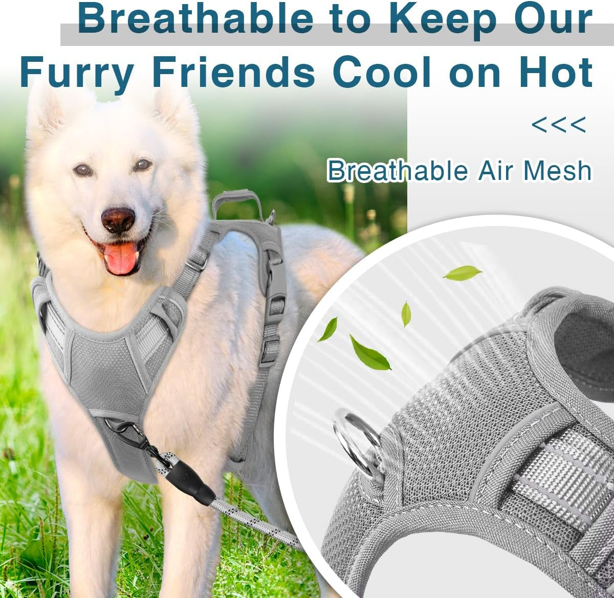Dog Harness No Pull with ID Tag Pocket - Heavy Duty, Reflective, Easy Control for Large Dogs(Grey,L)