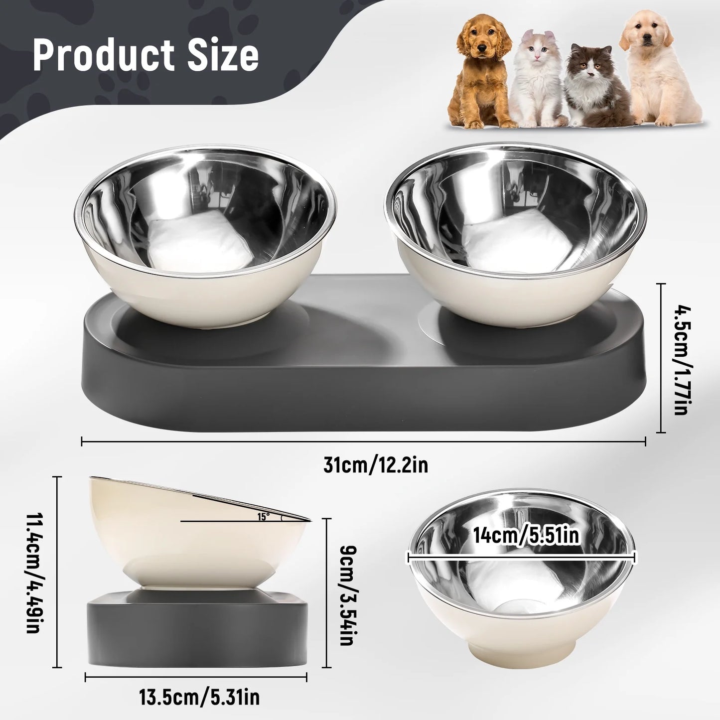 Stainless Steel Elevated Cat Bowls Set with Anti-Slip Mat
