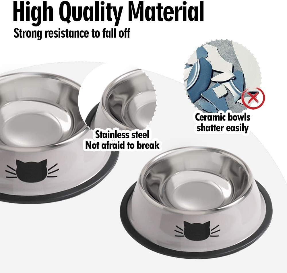Cat Bowls for Food and Water,2Pcs  Non-Slip Stainless Steel Small Food Bowls 8 Oz Pet Bowl with Removable Rubber Base Dog Bowl,Stackable Cat Puppy Dishes Bowls with Cute Cats Painted