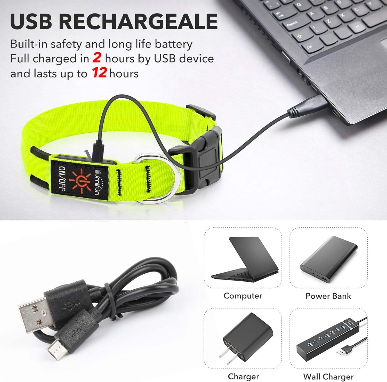 LED Dog Collar, Light up Dog Collar Rechargeable Glow in Dark Pet Collar Safety Dog Lights for Night Walking Camping (Green, Large)