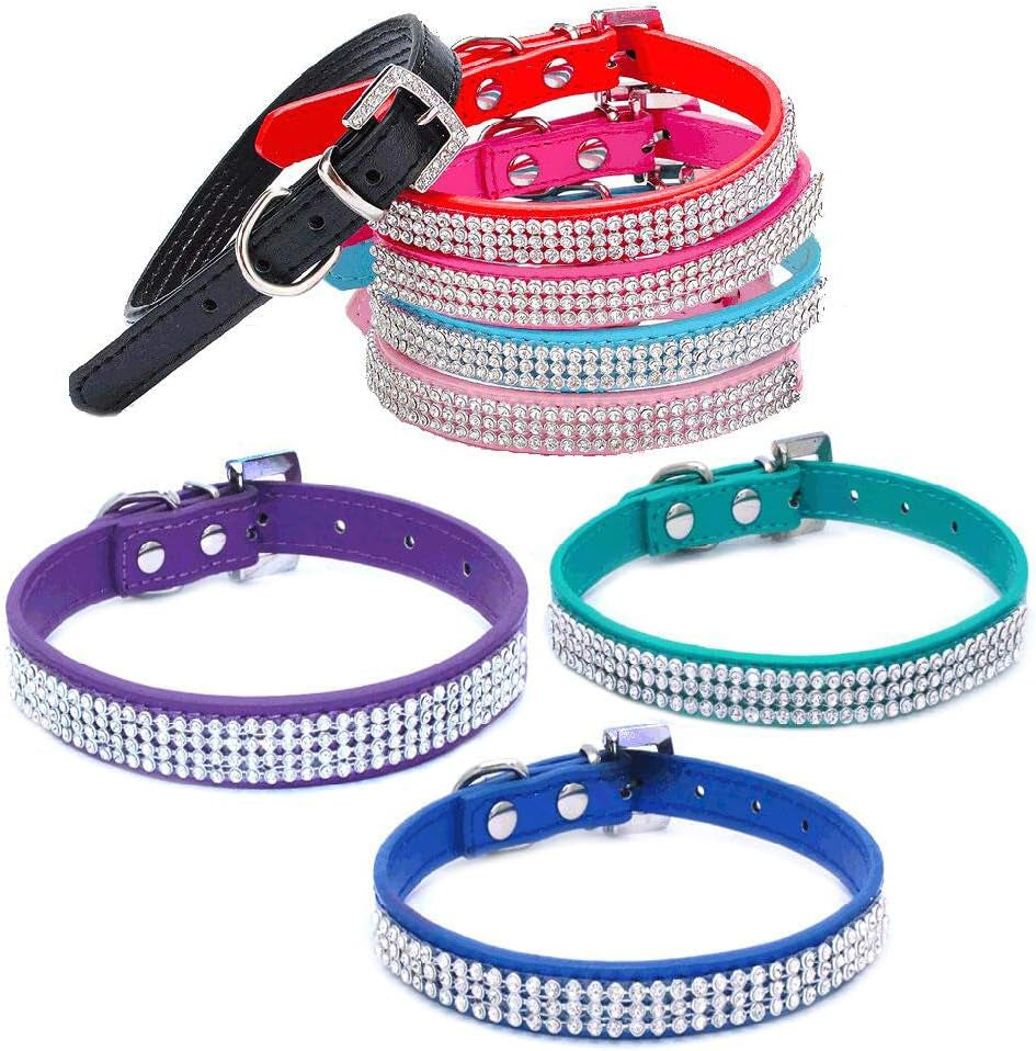 12"-20" Length Adjustable Full Rhinestone Crystal Studded Leather Dog Collar for Small or Medium Pet Collar,Dark Blue,L
