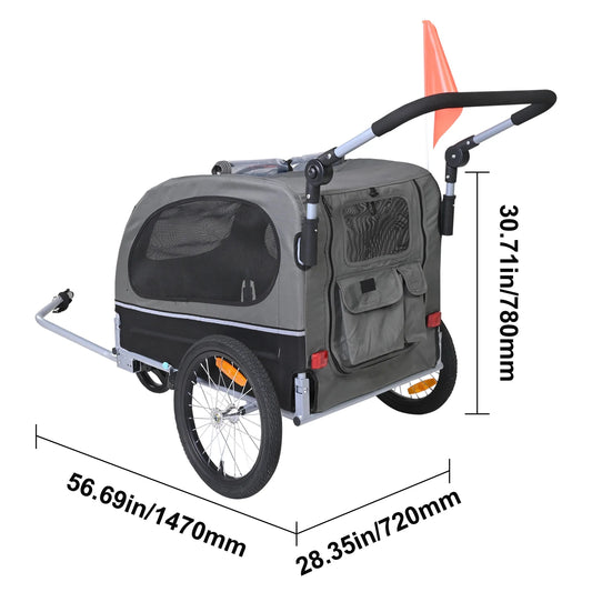 Pet Bike Trailer, up to 88 Lbs Capacity, Dual-Function Dog Stroller and Bicycle Hitch, Foldable Frame with Snap-On Wheels, Includes Bike Attachment, Safety Reflectors, and Flag, Black/Gray