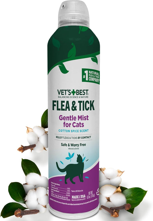 Natural Flea & Tick Mist for Cats – Plant-Powered Spray with Cotton Spice Scent – Natural Flea Prevention and Pest Control – Gentle Formula for Indoor Use – Safe for Pets – 6.3 Oz