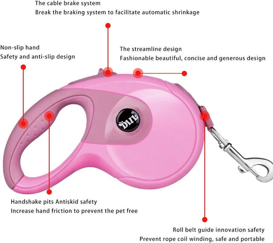 Retractable Dog Leashes, Pet Leash Dog Lead for Small Medium Large Dog up to 33Lbs, Anti-Slip Handle, One-Handed Brake, Pause, Lock, Nylon Ribbon Pink