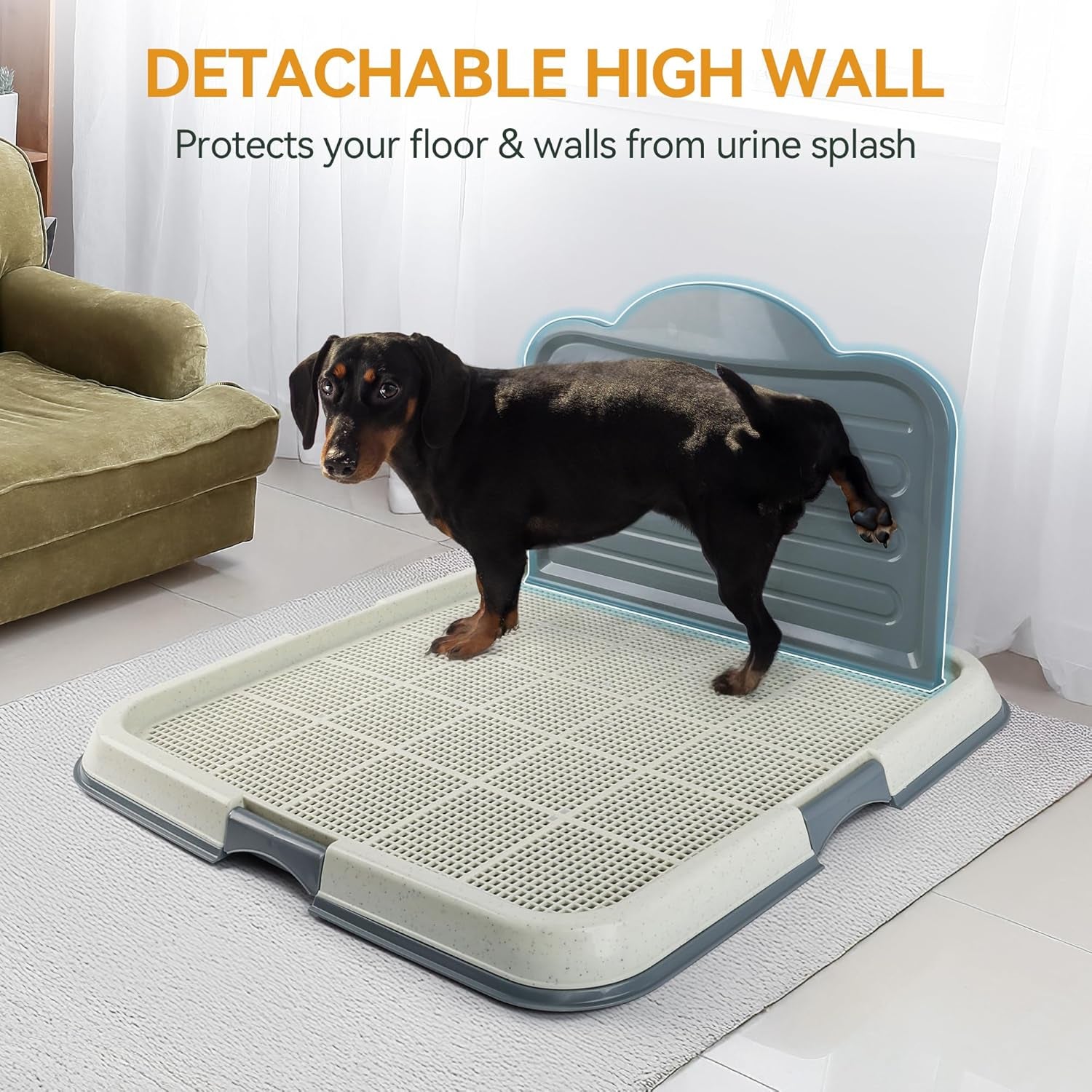 Dog Pee Pad Holder with High Wall, Large Puppy Potty Training Tray with Mesh Grid & Splash Guard, 23.6” X 23.6” Indoor Dog Litter Box, Includes 4 Disposable Pee Pads